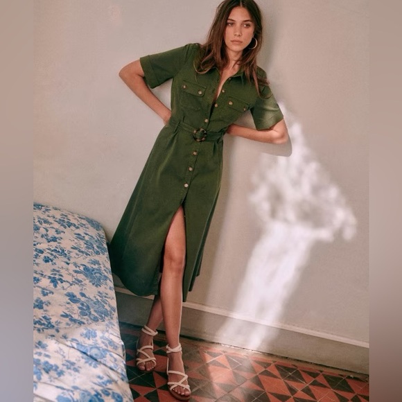 Sezane Dresses & Skirts - Sezane || Jeanette Dress Belted Button Front Midi Shirtdress Olive Green 34 US 2